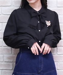 キャットブローチ付ブラウス(黒-M)
