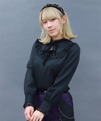 クロスレーススタンド襟ブラウス(黒-M)