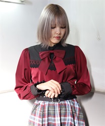 リボンブローチバイカラーブラウス(ワイン-M)