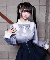 リボンブローチバイカラーブラウス(グレー-M)