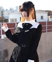 リボンブローチバイカラーブラウス(黒-M)