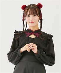 チャイナバタフライ刺繍ブラウス(黒-M)