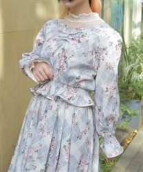 チェック×フラワー柄ブラウス(グレー-F)