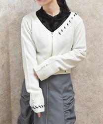 ジップ付ステッチショートカーディガン【2点10%OFF対象商品】(白-F)