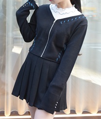 ジップ付ステッチショートカーディガン【2点10%OFF対象商品】(黒-F)