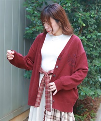 蝶刺繍ロングニットカーディガン【予約】(ワイン-F)