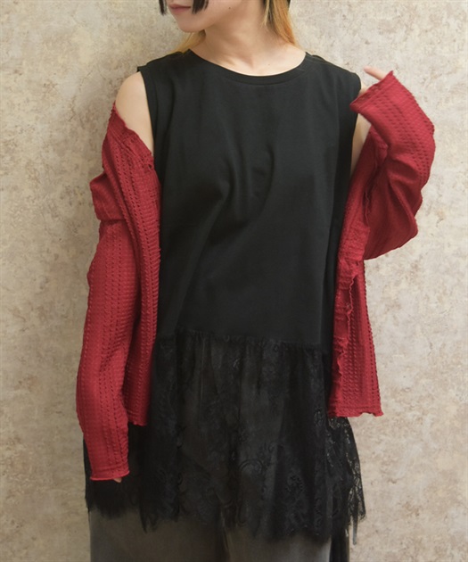 裾レースノースリーブプルオーバー