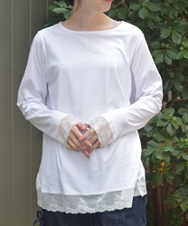 レース使ロングＴシャツ(白-F)