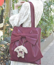 タテ型ビッグリボン合皮トート(ワイン-F)
