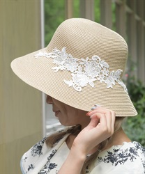 洗えるレース付きハット(ベージュ-F)