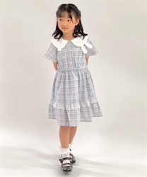 うさぎ襟サマーチェックワンピース(サックス-120cm)