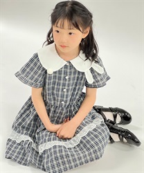 うさぎ襟サマーチェックワンピース(紺-120cm)
