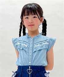 kidsリボン付コットンドビーブラウス(サックス-120cm)
