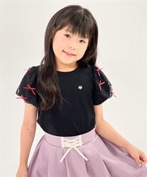 リボンチュール袖Ｔシャツ(黒-120cm)