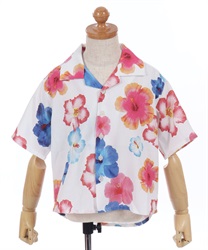 キッズハイビスカス柄シャツ(白-S)