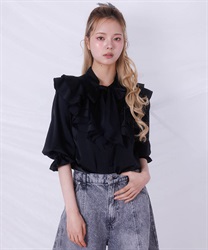 リボンタイフリルブラウス(黒-F)