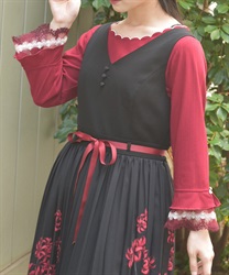 カラー刺繍チュールレースプルオーバー(ワイン-F)