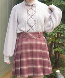 リボン×ケーブルニットプルオーバー(ピンク-F)