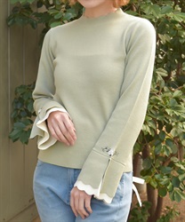 ローズ刺繍フレア袖配色ニット【期間限定価格】(グリーン-F)