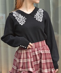 フラワー刺繍セーラー襟ニット(黒-F)