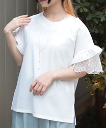 ネックレス付カットジョーゼットプルオーバー(白-F)