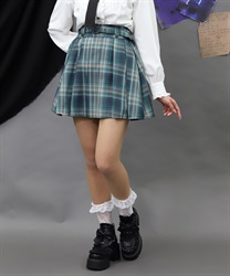 ベルト付プリーツミニスカート(グリーン-M)