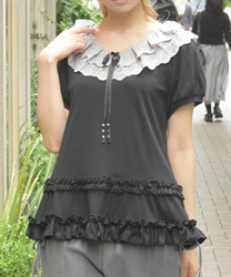 レース襟フリルプルオーバー(黒-F)