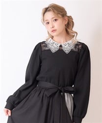 レース襟ビスチェ切替プルオーバー【2点10%OFF対象商品】(黒-F)