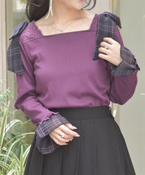 チェック柄シフォンリボンプルオーバー【WEB先行販売】(パープル-F)