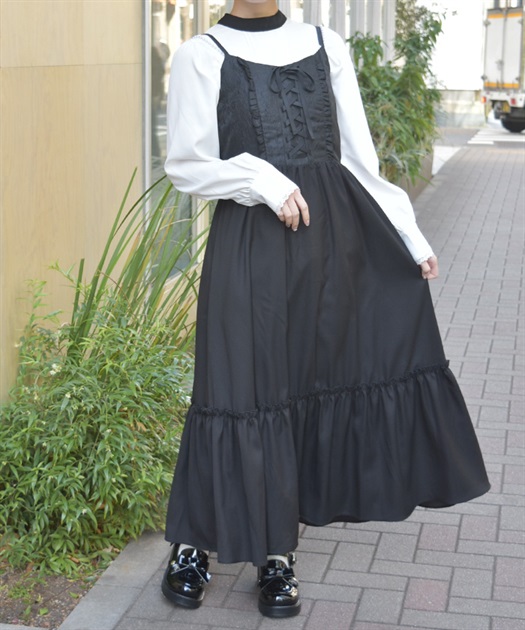 ジャカード切替キャミワンピース【予約】(黒-F)