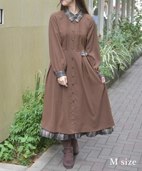 襟デザイン連釦バイカラーワンピース【WEB先行販売】(茶-M)