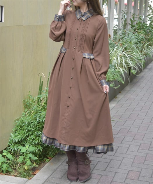 襟デザイン連釦バイカラーワンピース【WEB先行販売】