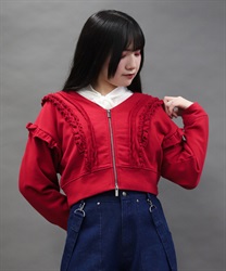 ダメージフリル裏毛カットカーディガン【期間限定価格】(赤-M)