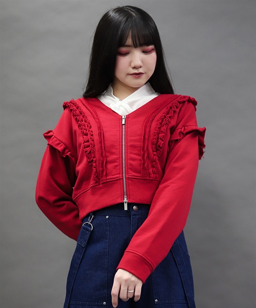 ダメージフリル裏毛カットカーディガン