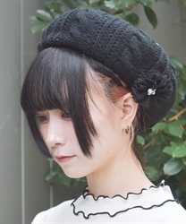コサージュ付きニットベレー(黒-F)
