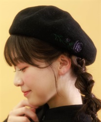 ローズ刺繍ベレー【2点10%OFF対象商品】(黒-F)