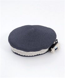 ブローチ付きレース雑材ベレー(紺-F)