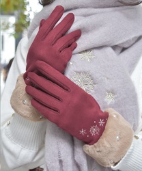 雪刺繍×パールファー手袋(ワイン-F)