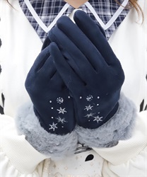 雪刺繍スエードファー手袋(紺-F)