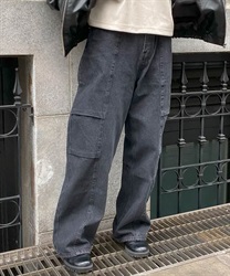 パッチワーク風デニムパンツ(黒-M)