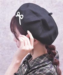 リボン刺繍ベレー(黒-F)