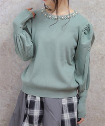 ビジュー変形スリーブニット【期間限定価格】(ミント-F)
