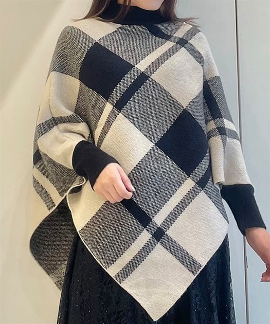大判チェック柄ニットポンチョ | レディース服・レディース 大判チェック柄ニットポンチョ | レディース服・レディース