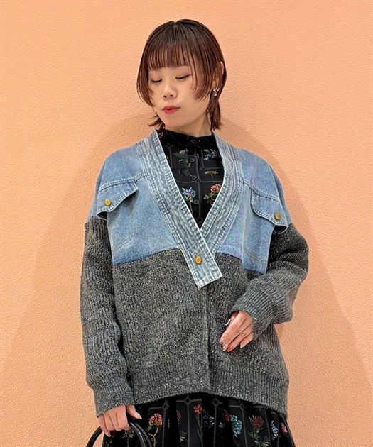 デニム×ニットカーディガン