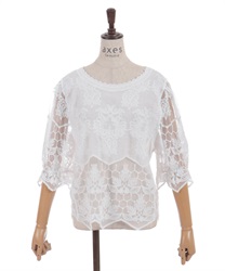 チュール刺繍レース切替プルオーバー(白-F)