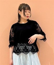 チュール刺繍レース切替プルオーバー(黒-F)
