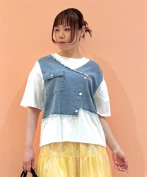 デニムパッチワークＴシャツ(白-F)