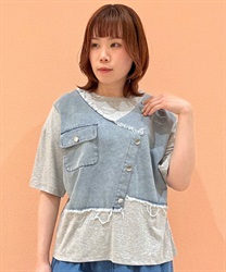 デニムパッチワークＴシャツ(グレー-F)