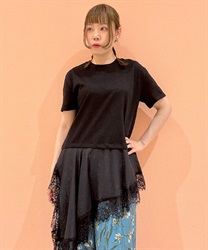 裾アシメレース使いＴシャツ(黒-F)