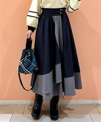 飾りベルト付配色ラップスカート(紺-F)